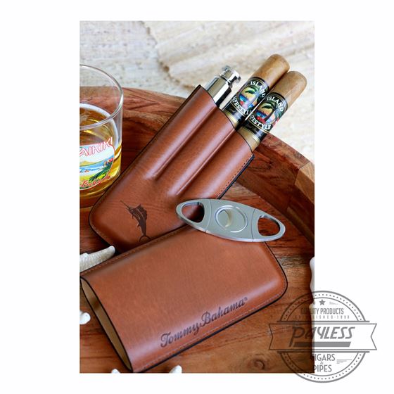 Tommy Bahama Leather 3 Cigar Case With Tube Flask